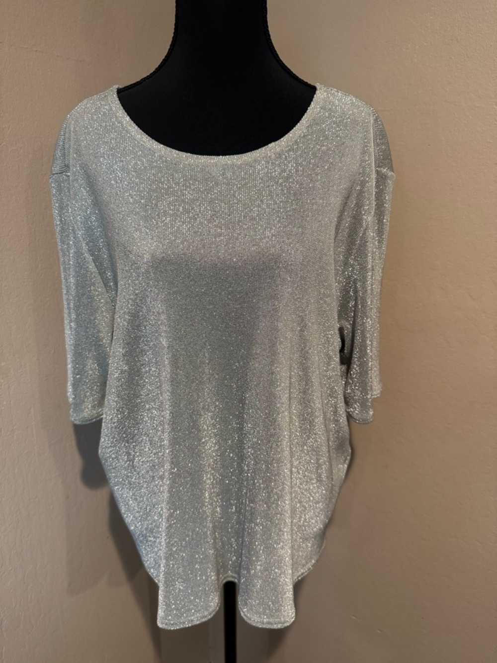 Y2K Carole Little Silver Metallic Sparkle Tunic Top with 3/4 Sleeves